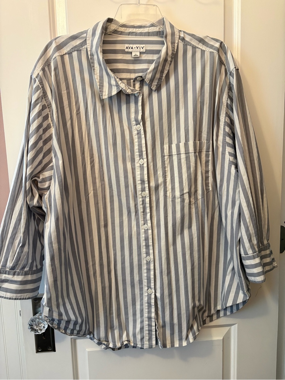 Ava & Viv Grey/Blue and White Vertical Stripe Button-Down Shirt